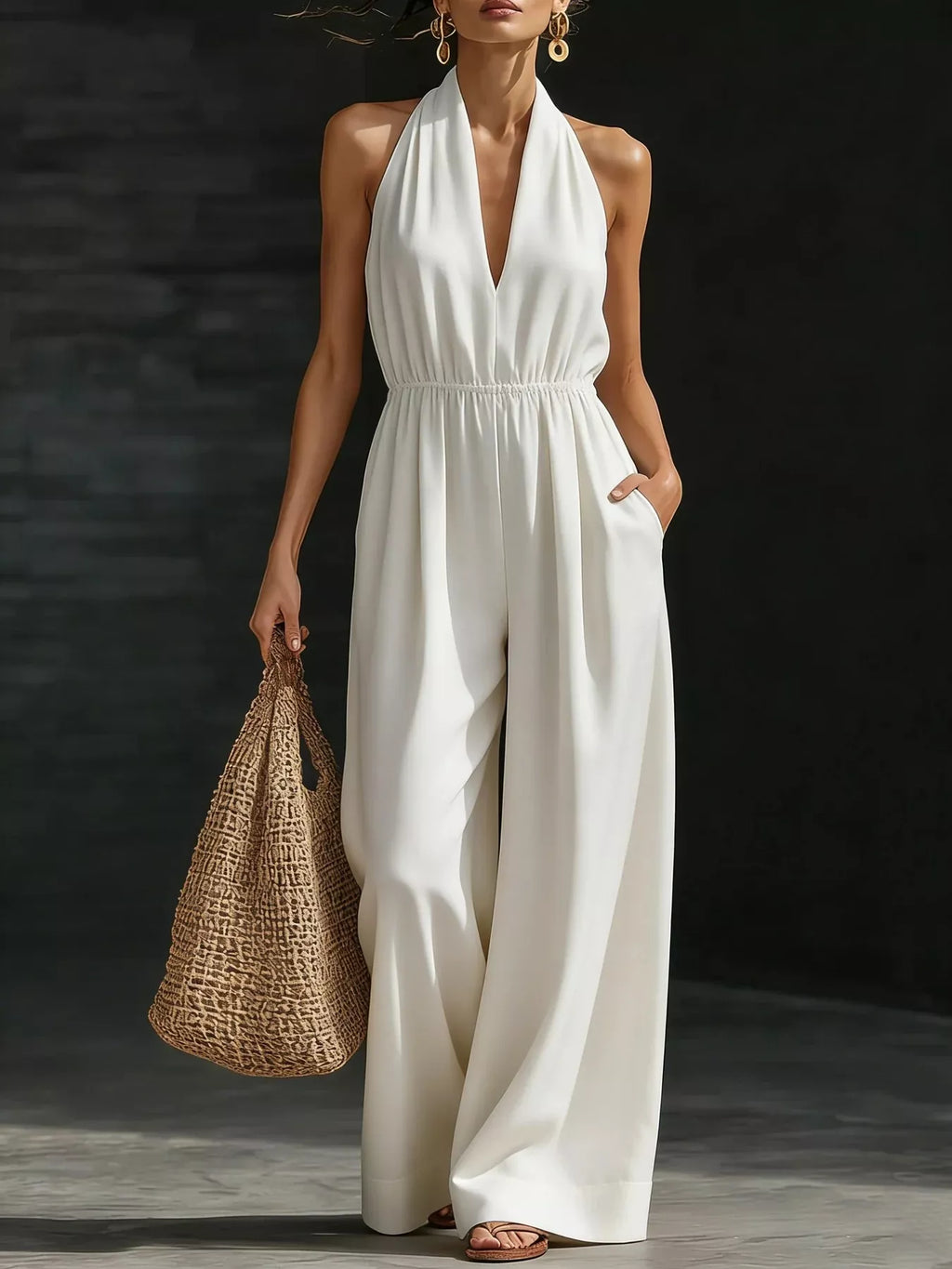 Women's Halter Neck Wide-Leg Jumpsuit, Plus Size