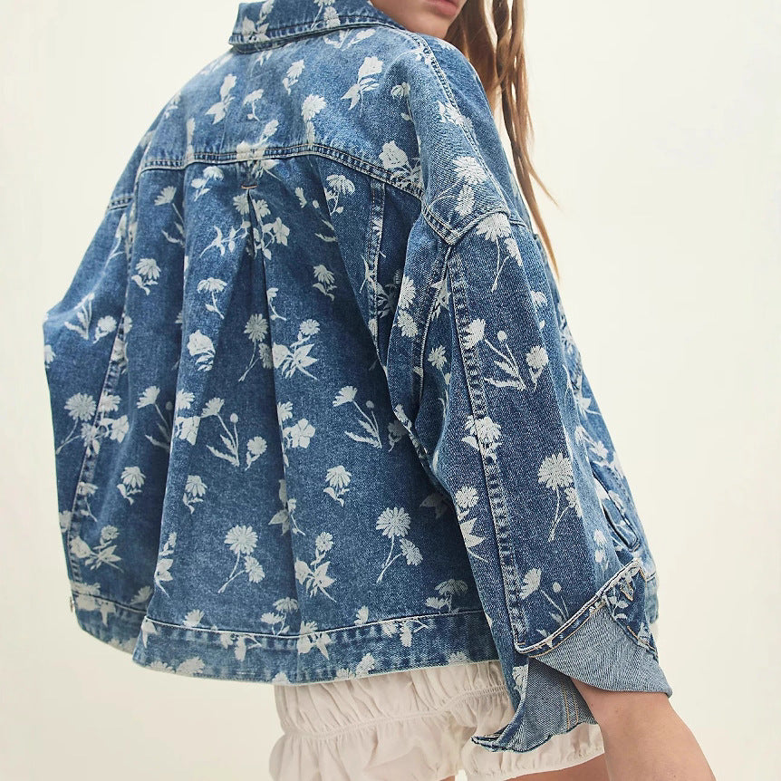 Women's Dark blue Floral Print Oversized Denim Jacket - Dark blue