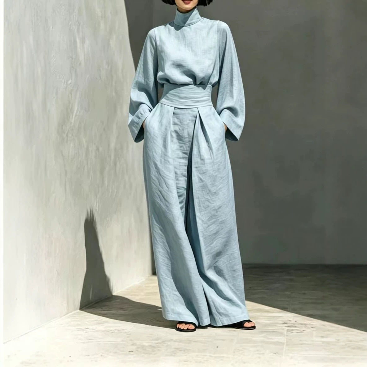 Women's AutumnWinter Cotton-Linen Bell-Sleeve Wide-Leg Pants Casual Set