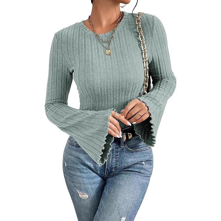 Ribbed, Brushed Crew-neck Long-sleeve Womens T-shirt