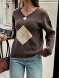 Women's Brown Argyle Pattern V-Neck Knit Sweater - Brown