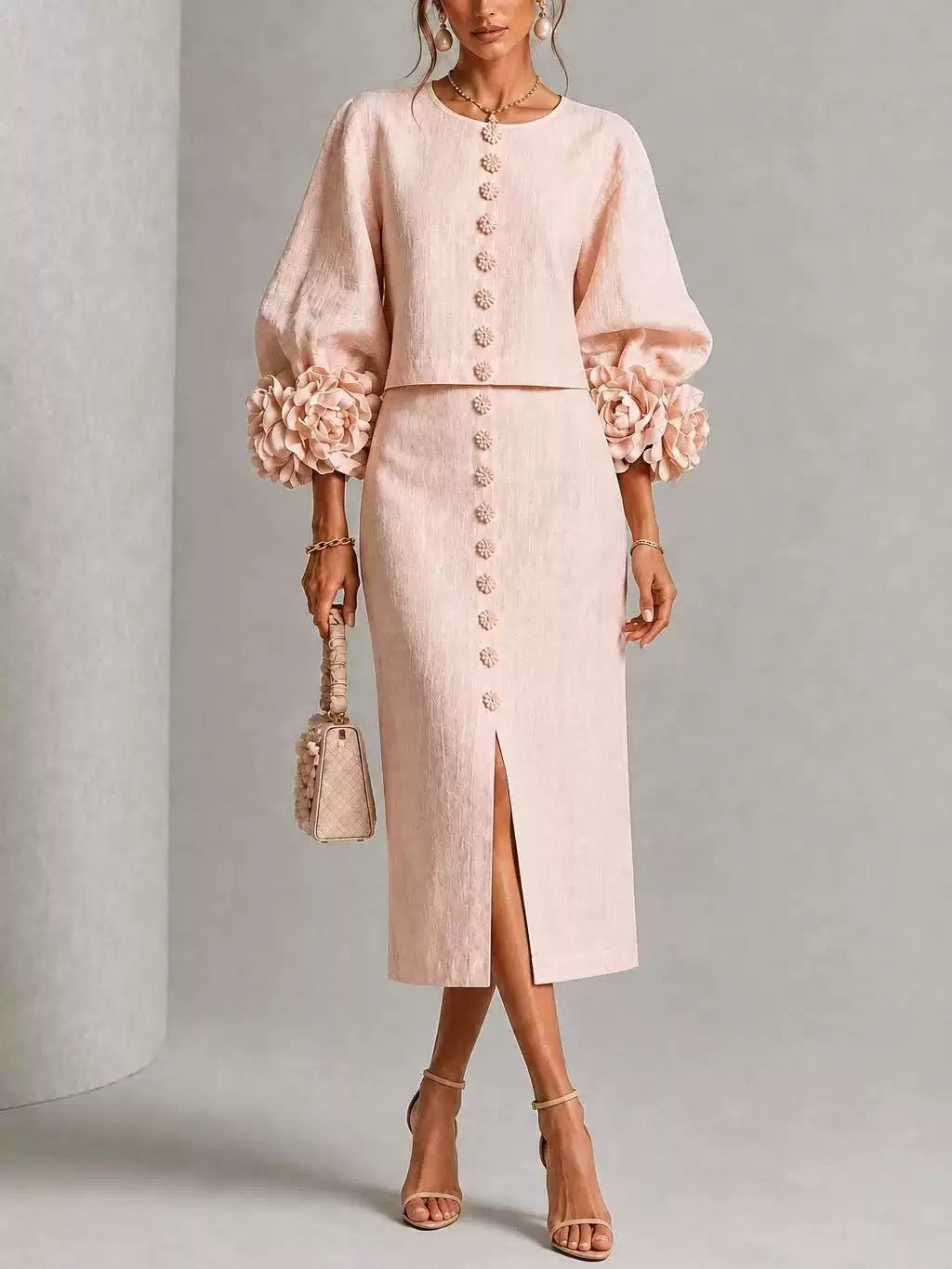 Puff-sleeved Dress With Floral Embellishments