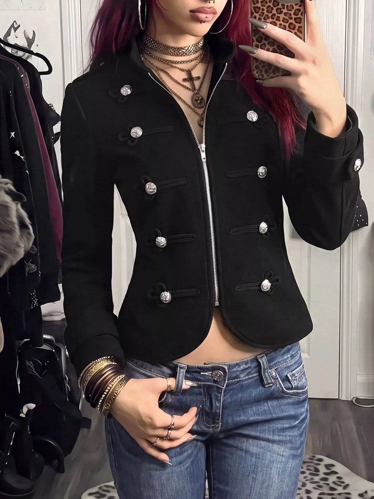 Women's Black Decorative Button Zip Up Outerwear - Black