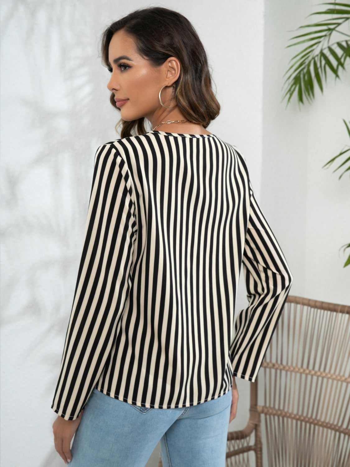 Women's Striped Long Sleeve Notched Blouse