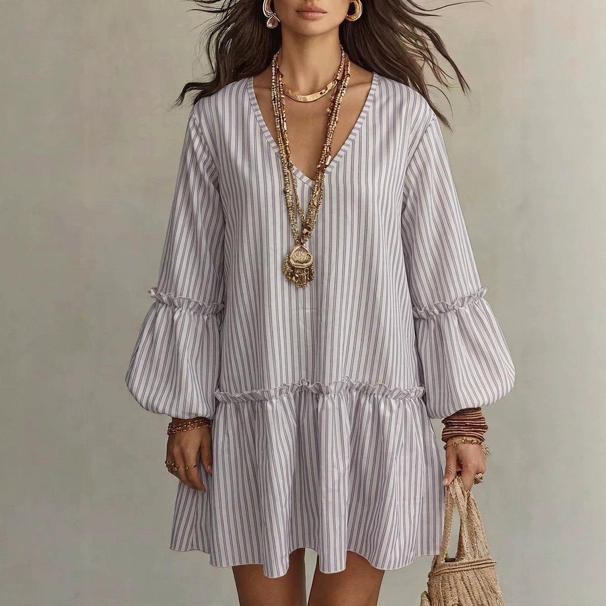 Women's Early Autumn Long Sleeve A Line Dress, Bohemian Style Striped Print V Neck - Light purple