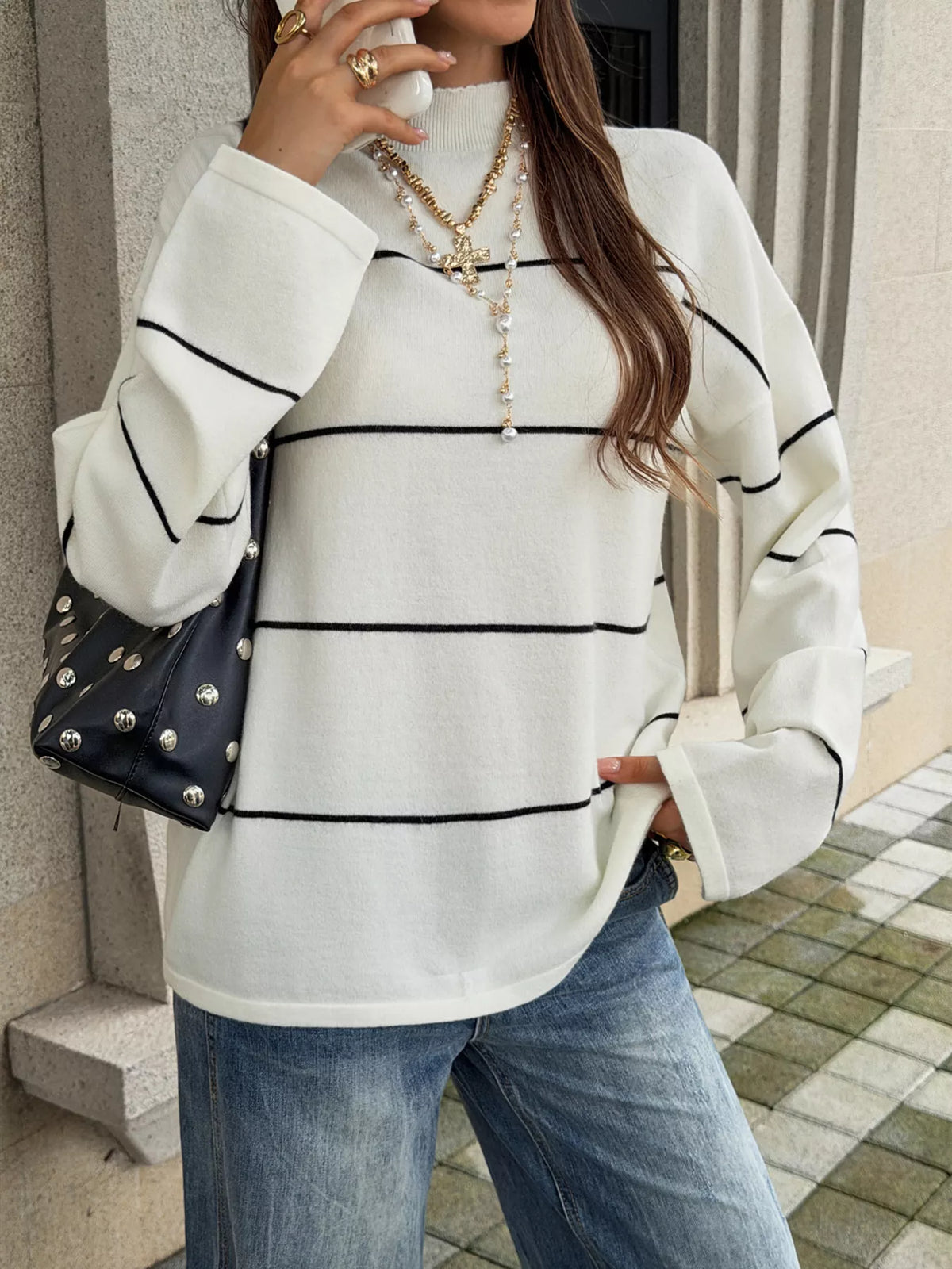 Women's Black And White Stripes Striped Mock Neck Sweater - Black And White Stripes