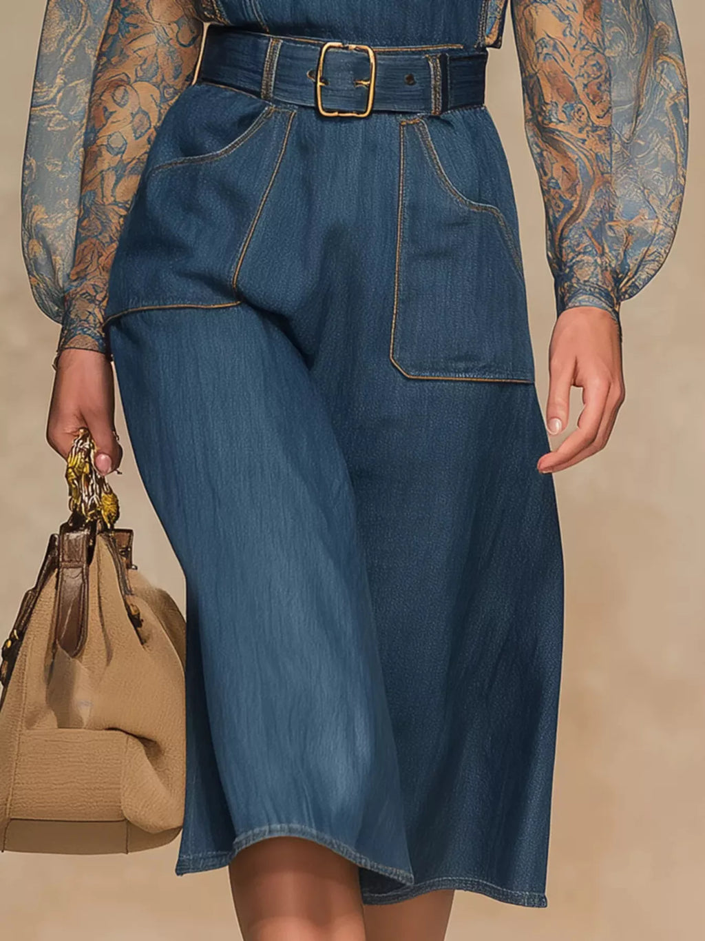 Women's Blue Sheer Floral Sleeves Denim Dress - Blue