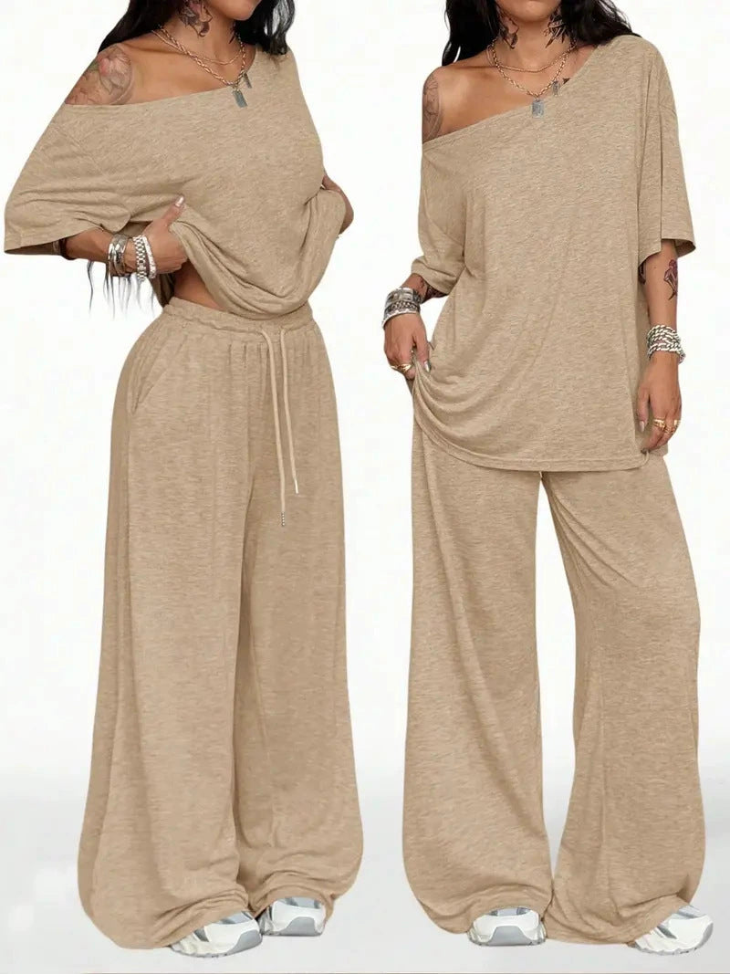 New Arrivals Autumn Winter Women's Casual Sportswear, One-shoulder, Loose-fitting Two-piece Set