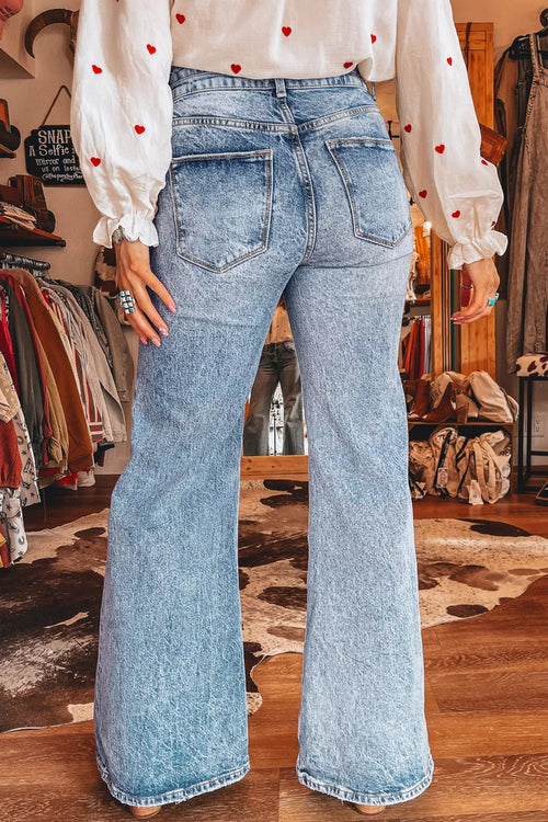 Acid Wash Pocket Detail Flare Jeans