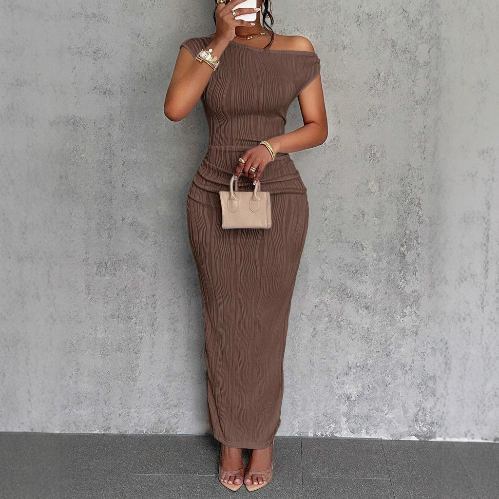 New Cute Fashion Water Ripple Slant Shoulder Dress