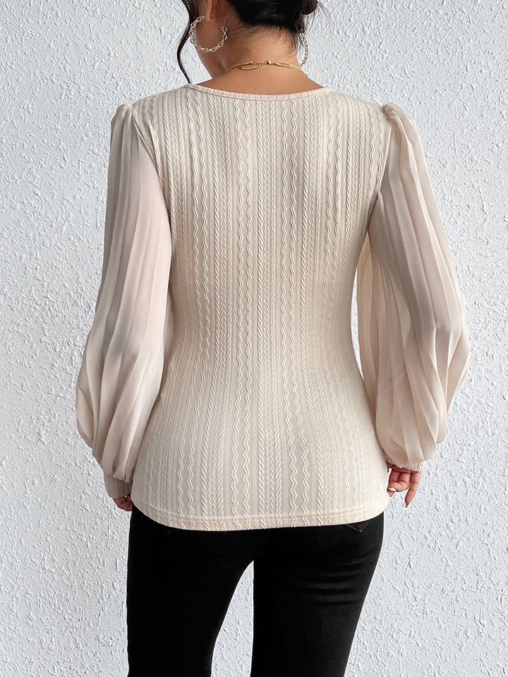 Women's Cream Pleated Puff Sleeve Round Neck Blouse - Cream