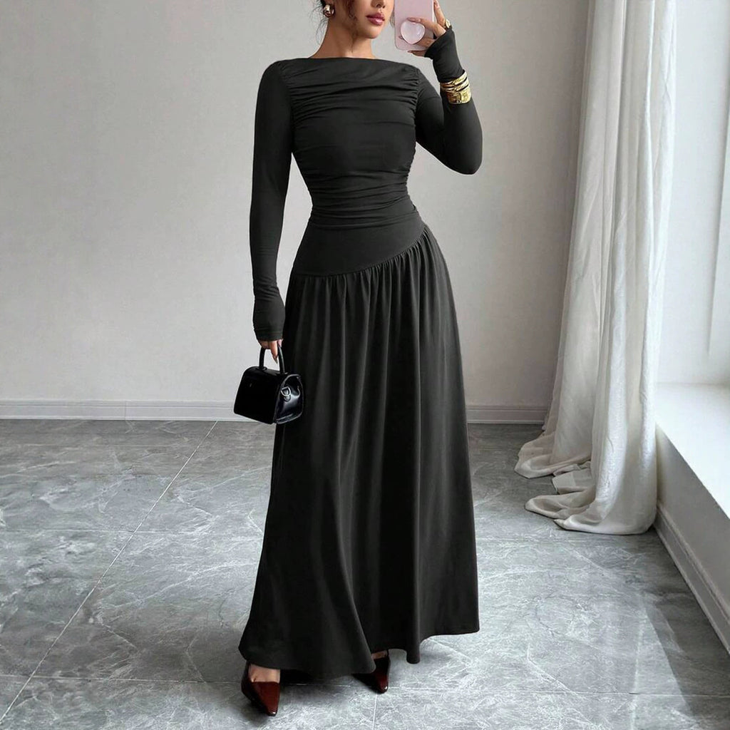 High-end Autumnwinter New Long-sleeve Pleated-waist Off-shoulder Maxi Dress