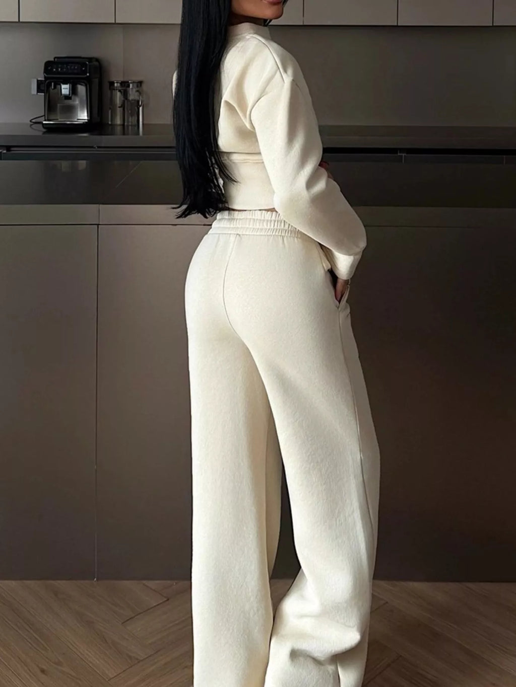 Women's Zip-Up Crop Jacket and Wide-Leg Pants Set