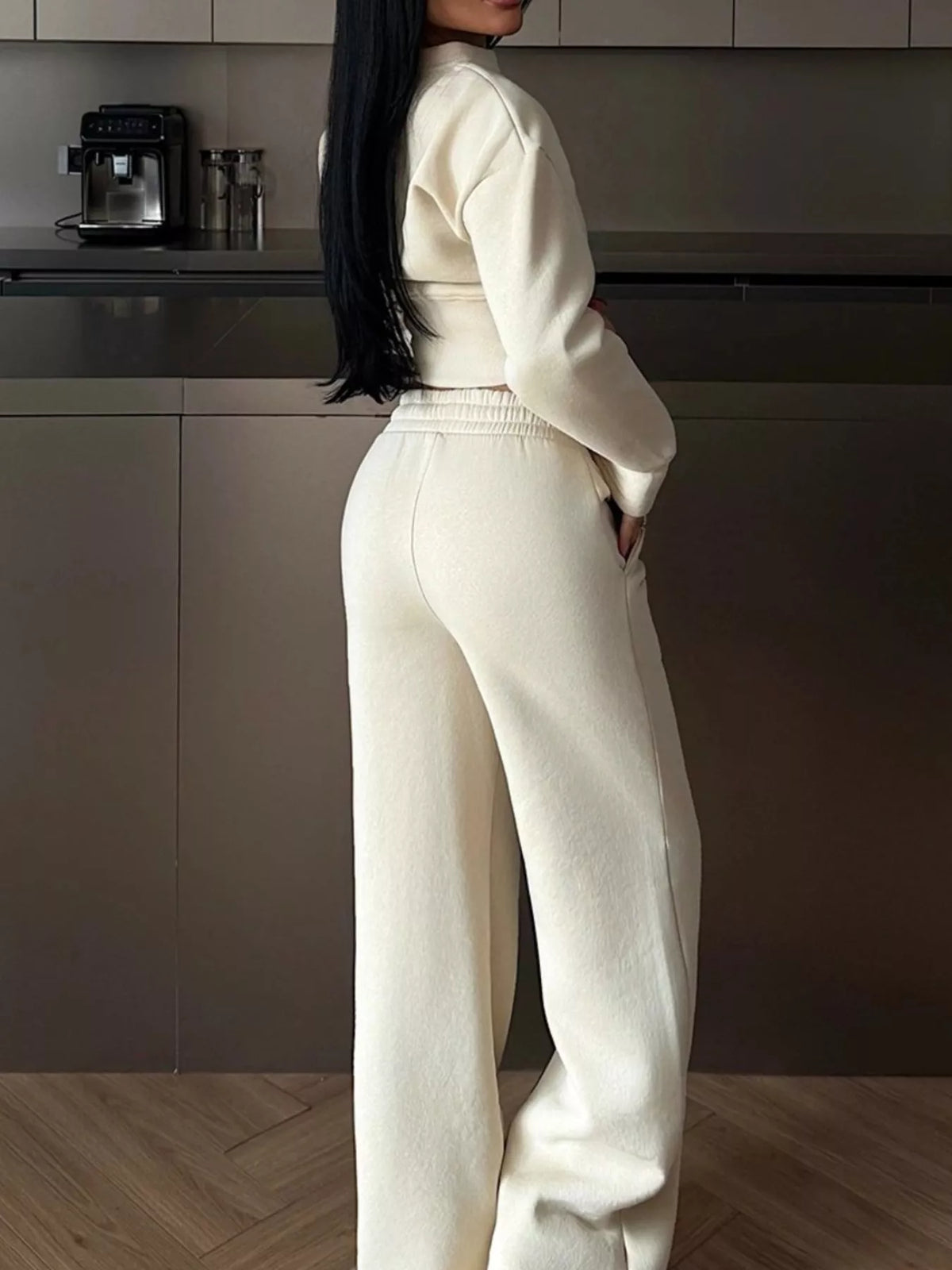 Women's Zip-Up Crop Jacket and Wide-Leg Pants Set