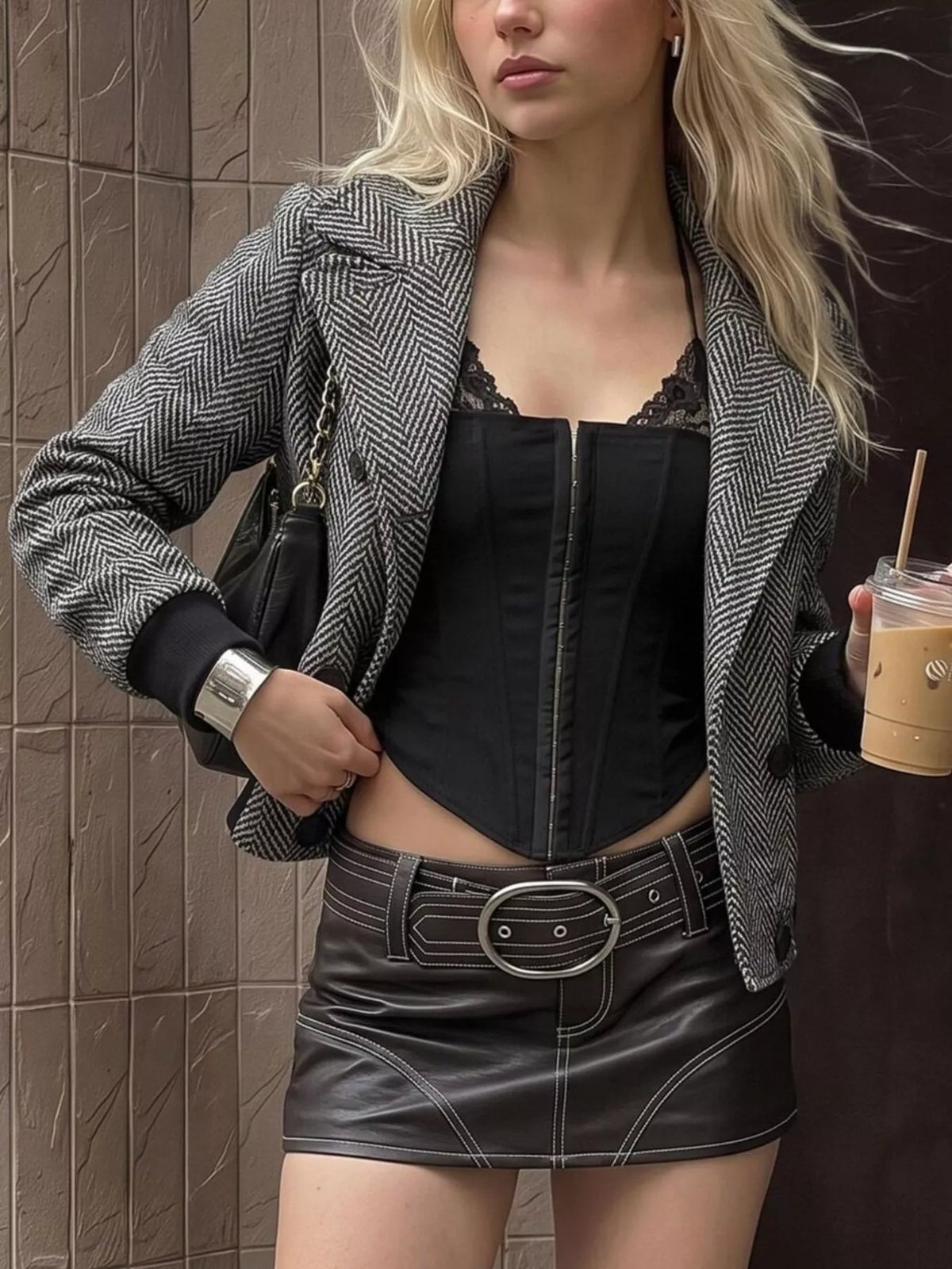 Women's Black Herringbone Double-Breasted Cropped Outerwear - Black