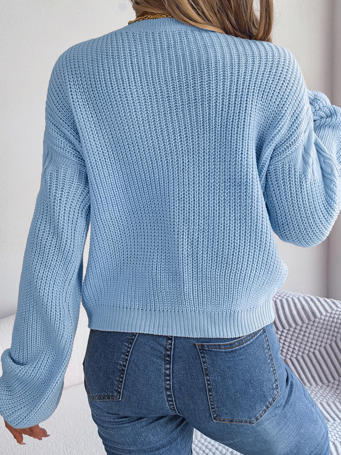 Women's Cable-Knit Round Neck Drop Shoulder Sweater