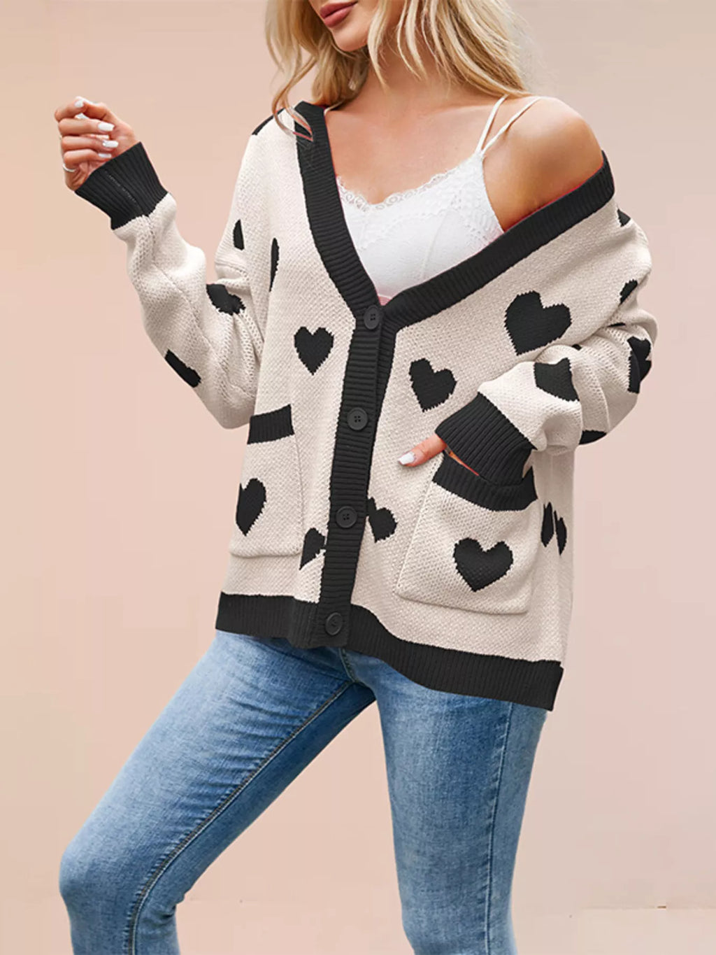 Women's Heart Pattern V-Neck Button-Down Knit Cardigan