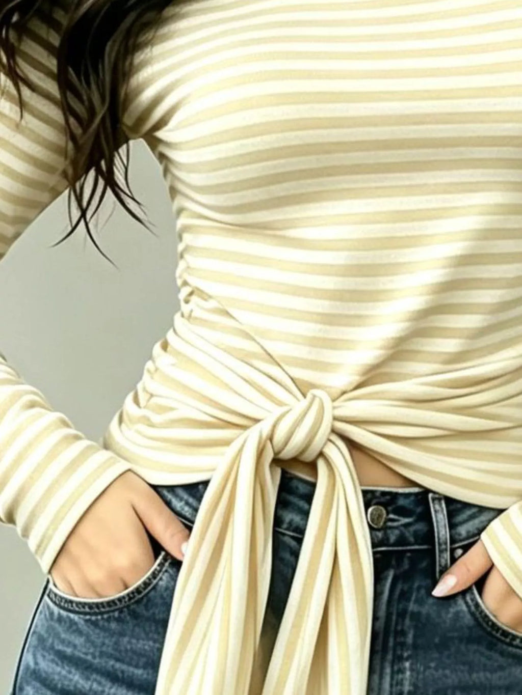 Women's Long Sleeve Striped T-Shirt with Front Tie Detail