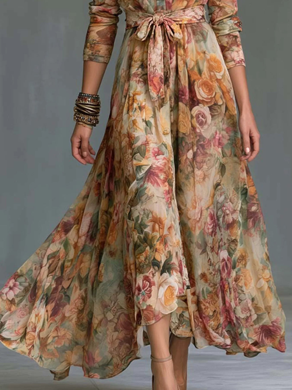 Women's Floral Print Long Sleeve Maxi Shirt Dress - Floral