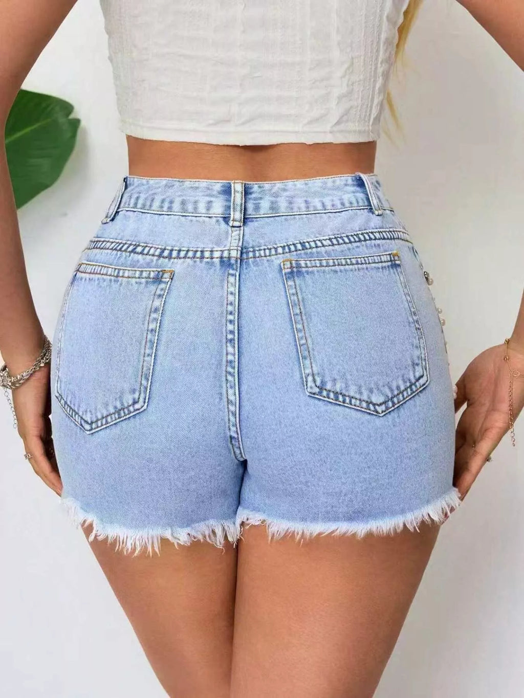 Women's Blue Distressed Raw Hem Denim Shorts - Blue