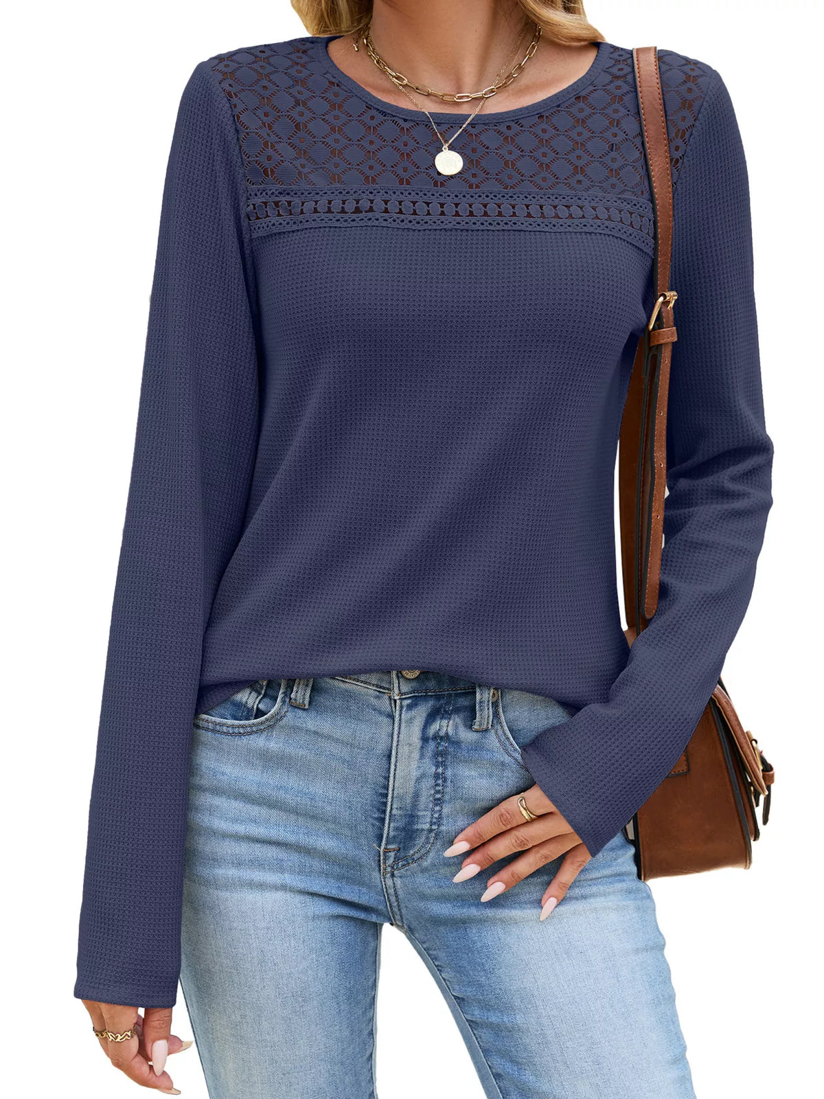 Women's Lace Panel Waffle Knit Long Sleeve T-Shirt