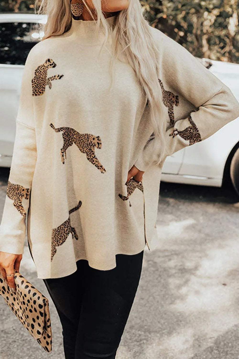 Women's Cream Animal Pattern Mock Neck Long Sleeve Slit Sweater - Cream