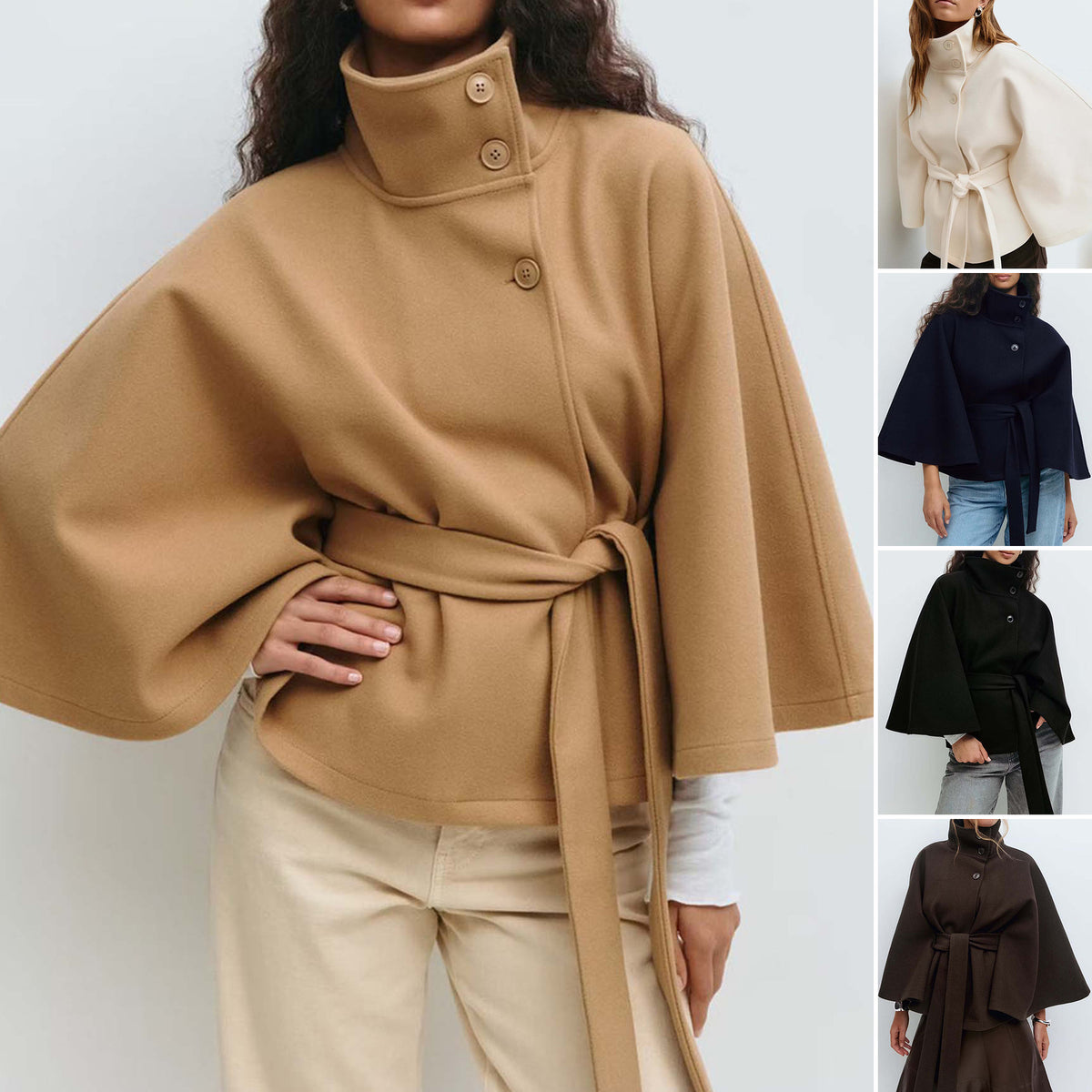Women's Autumn And Winter New Fashion Solid Color Cape Stand Collar Button Belt Trench Coat Jacket