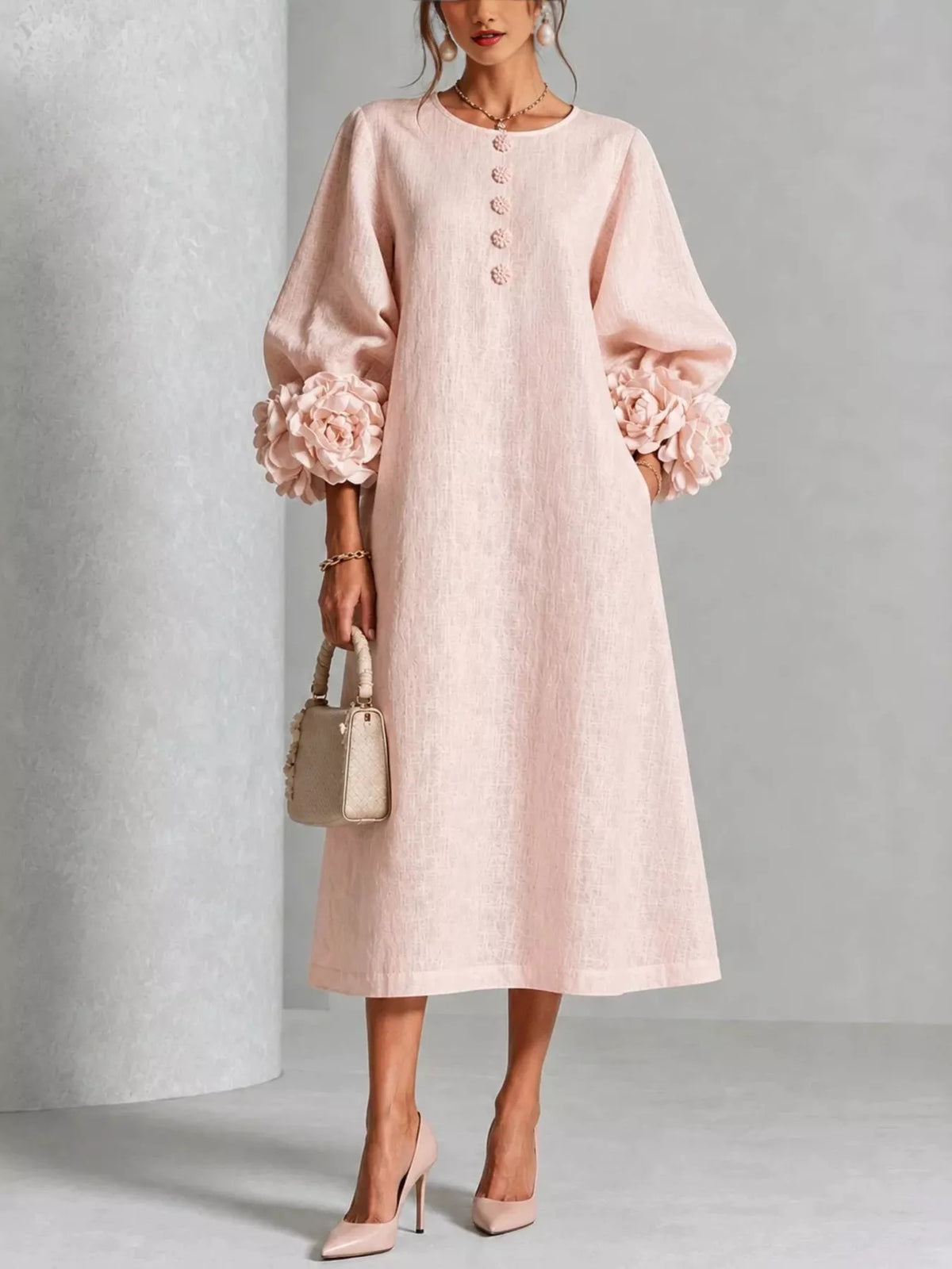 Women's 3D Floral Round Neck Midi Dress - Watermelon pink