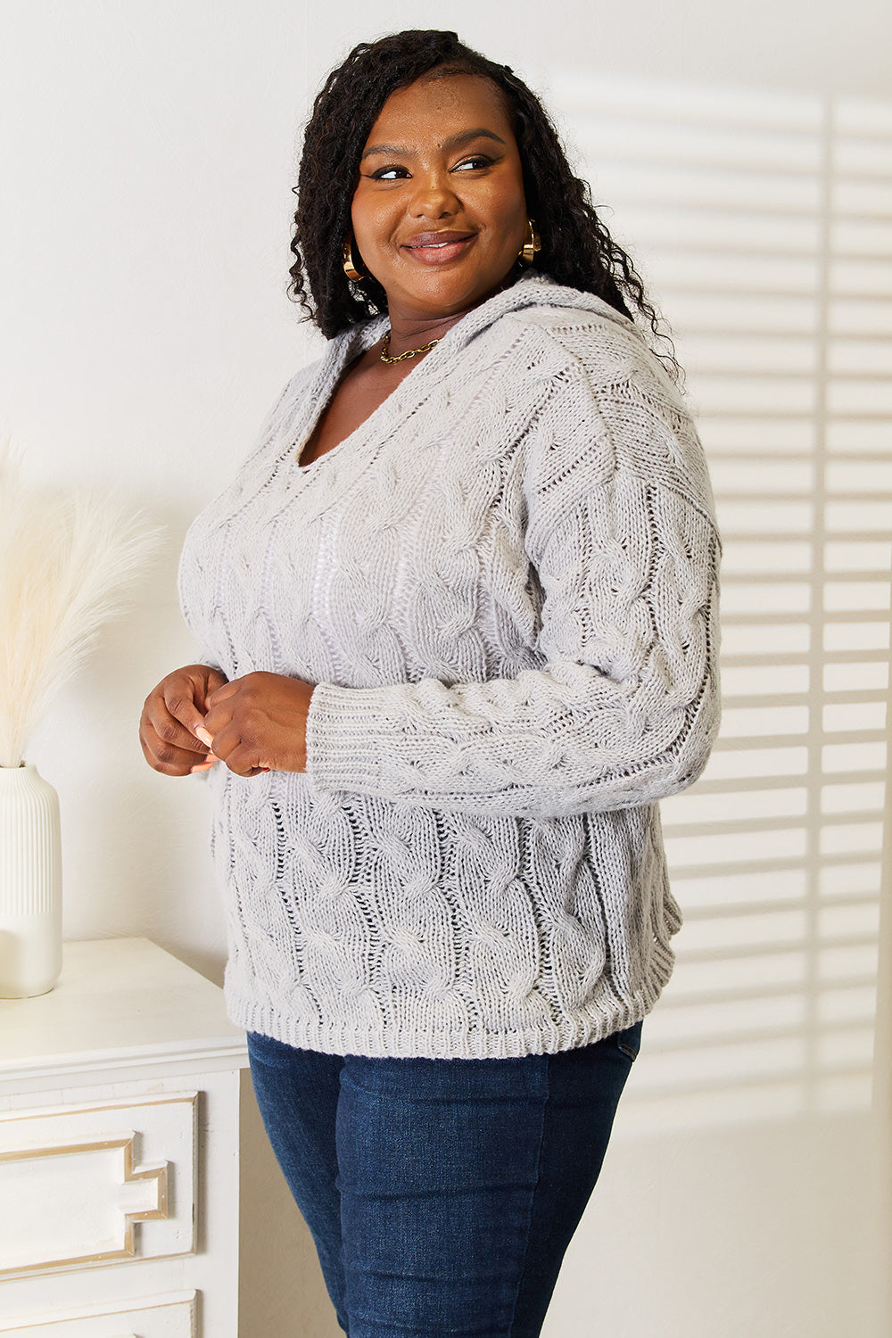 Women's Light Gray Cable-Knit Hooded Sweater - Light Gray