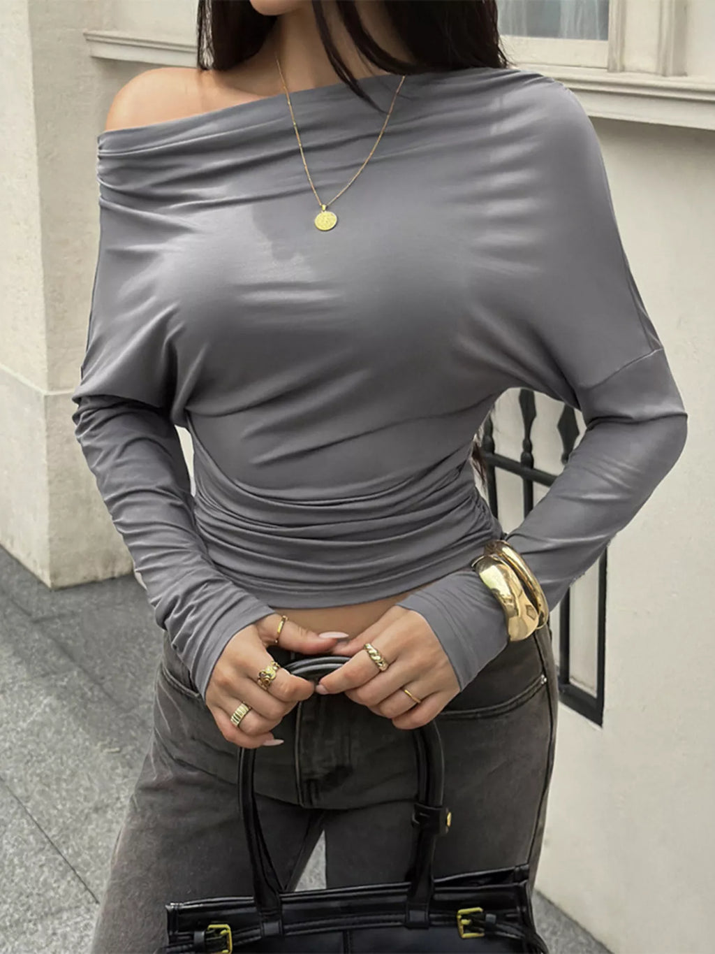Women's Dark Gray Ruched Long Sleeve Slim Fit T-Shirt - Dark Gray