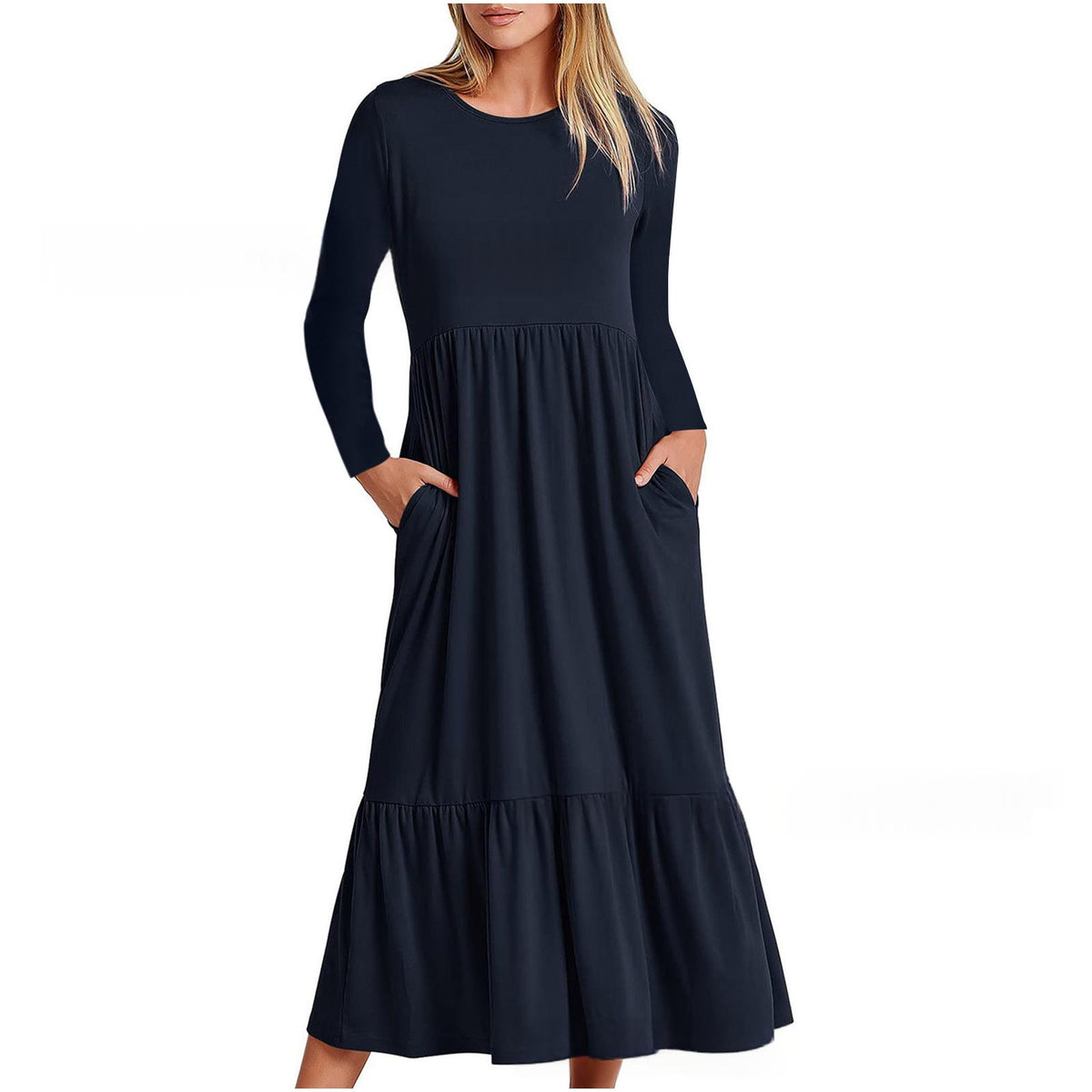 Elegant Round-neck Pleated Solid-color Maxi Dress