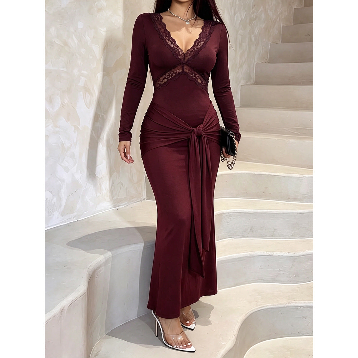 Women's Solid-Color Lace Deep-V Long-Sleeve Spliced Bandage Dress