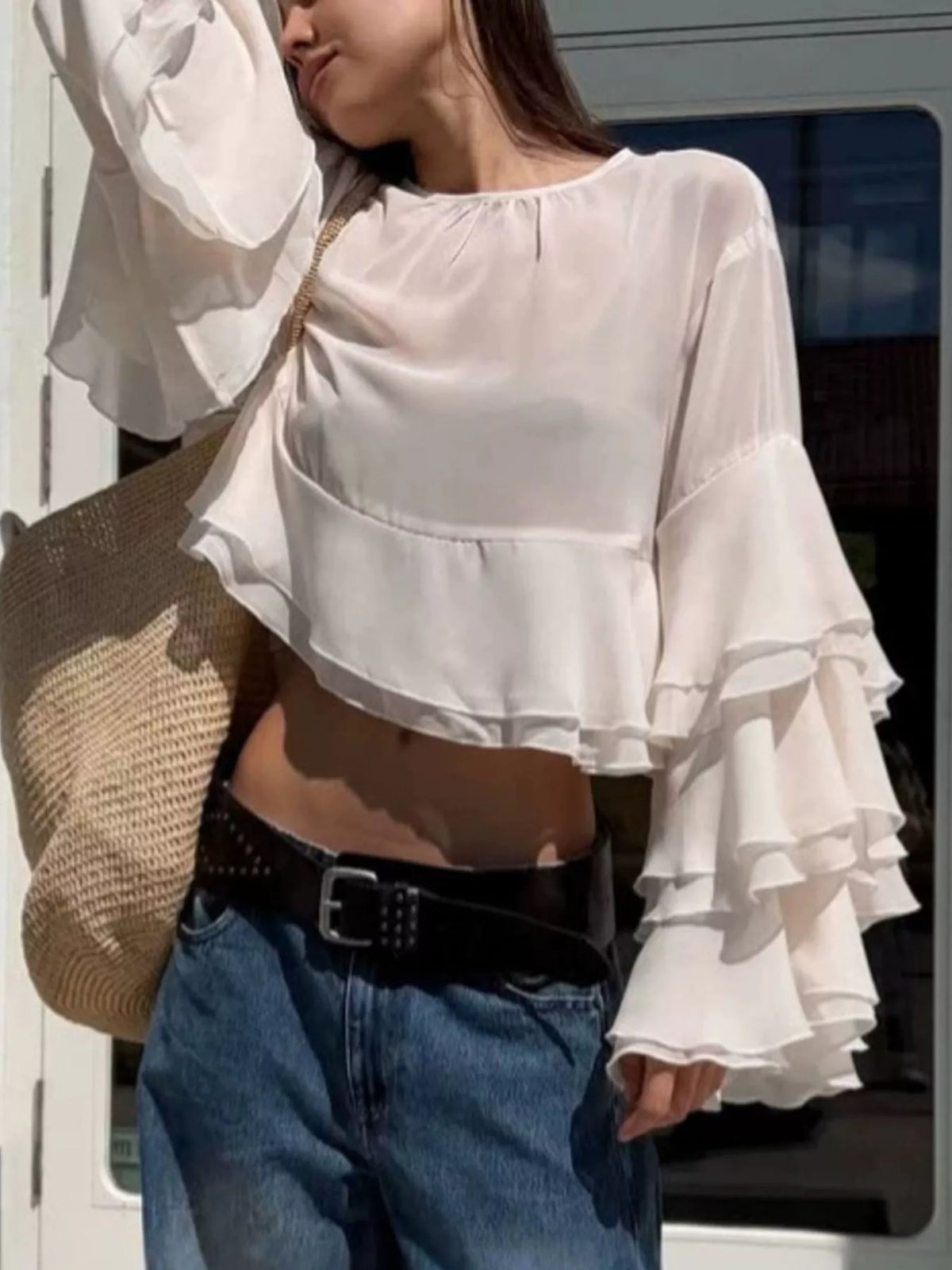 Layered Ruffled Hem Flare Sleeves Blouse
