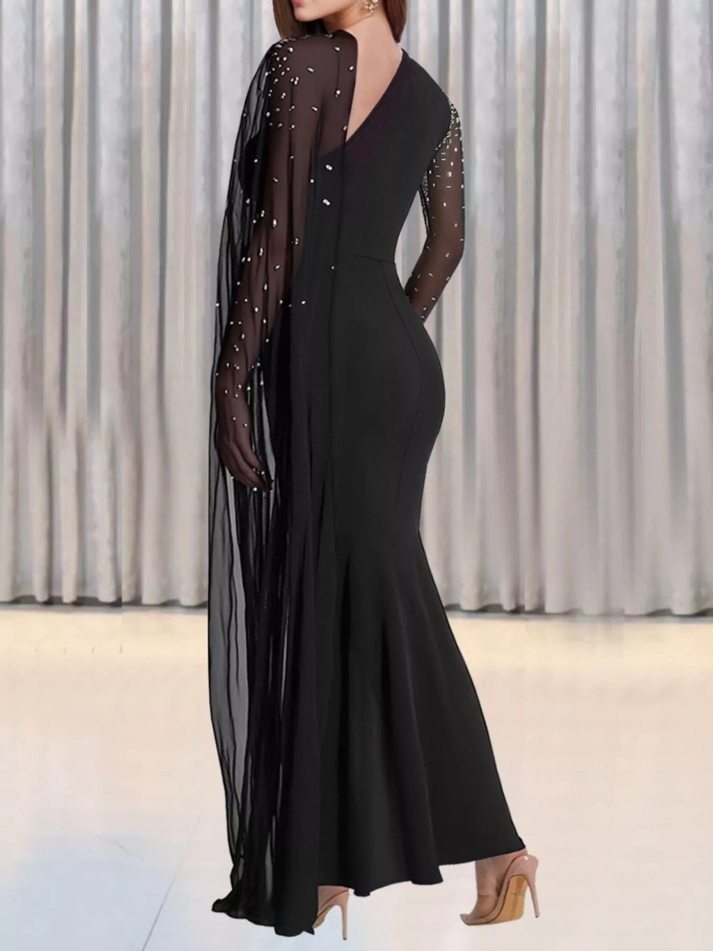 Women's Black Rhinestone Embellished Cape Maxi Dress - Black