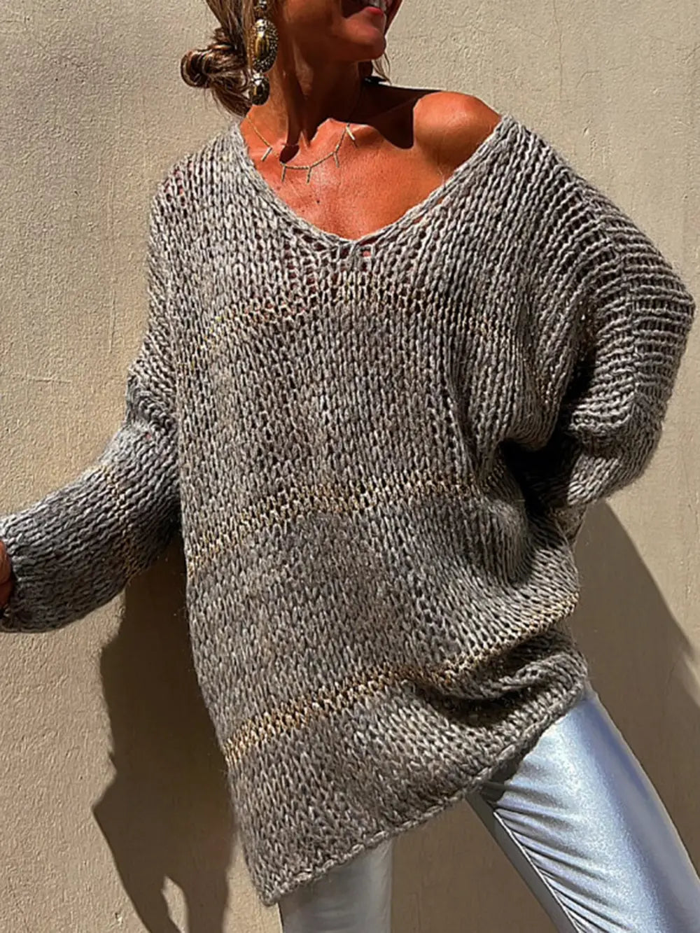 Women's Openwork V-Neck Long Sleeve Sweater