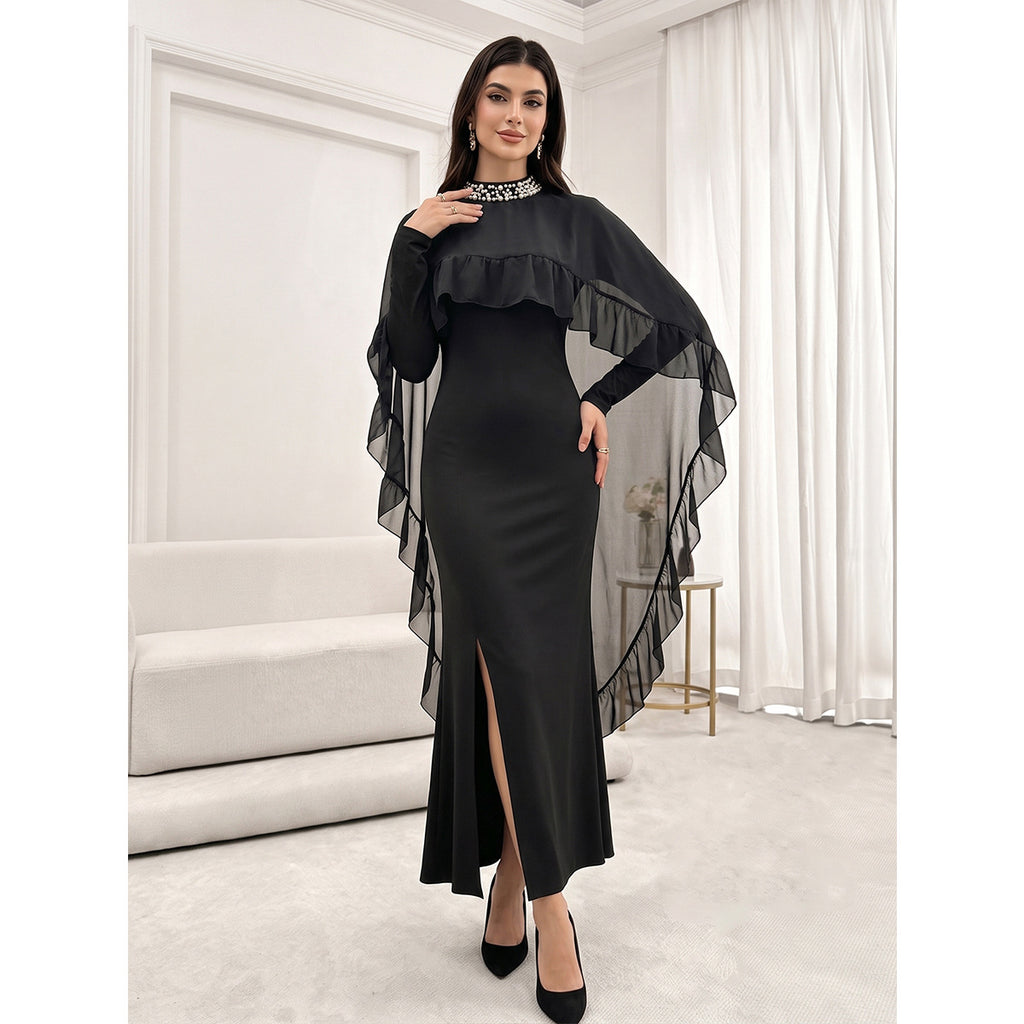 Female Nail Bead Half High Neck Mesh Ruffle Edge Dress