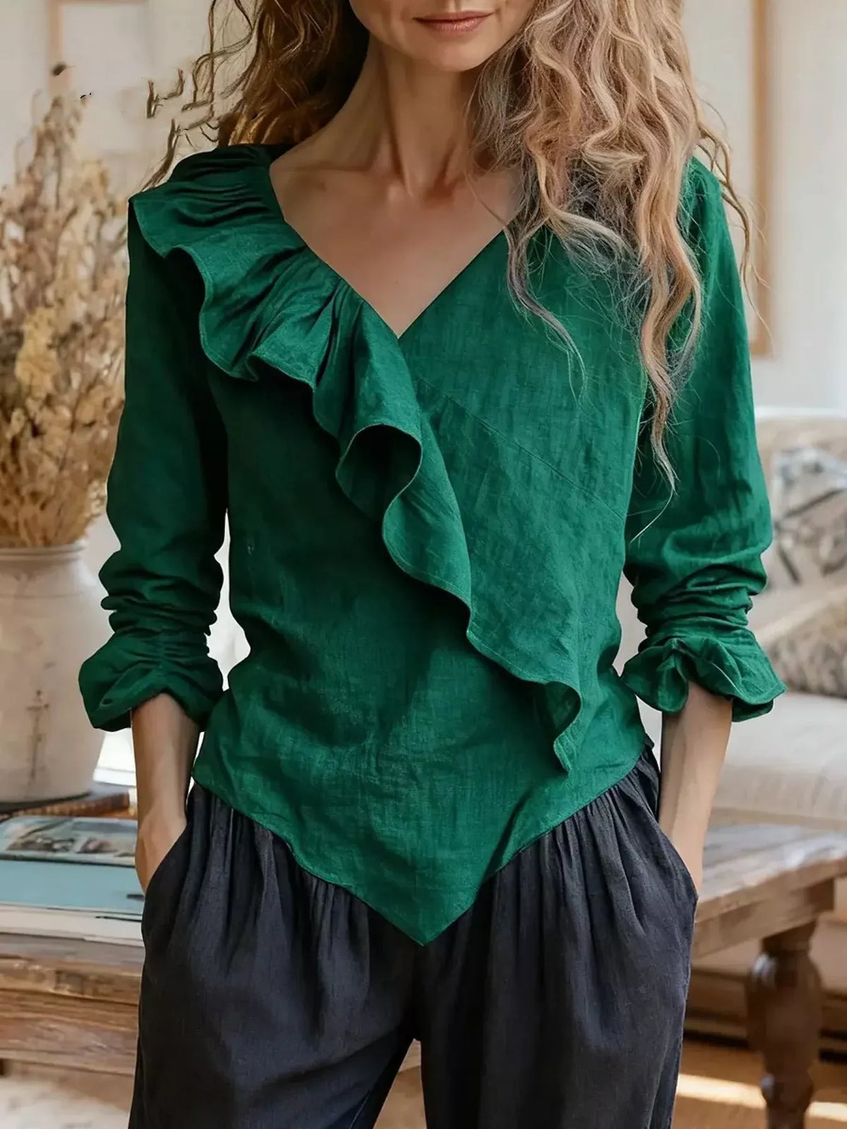 Women's V-Neck Ruffled Long Sleeve Blouse - Black Forest