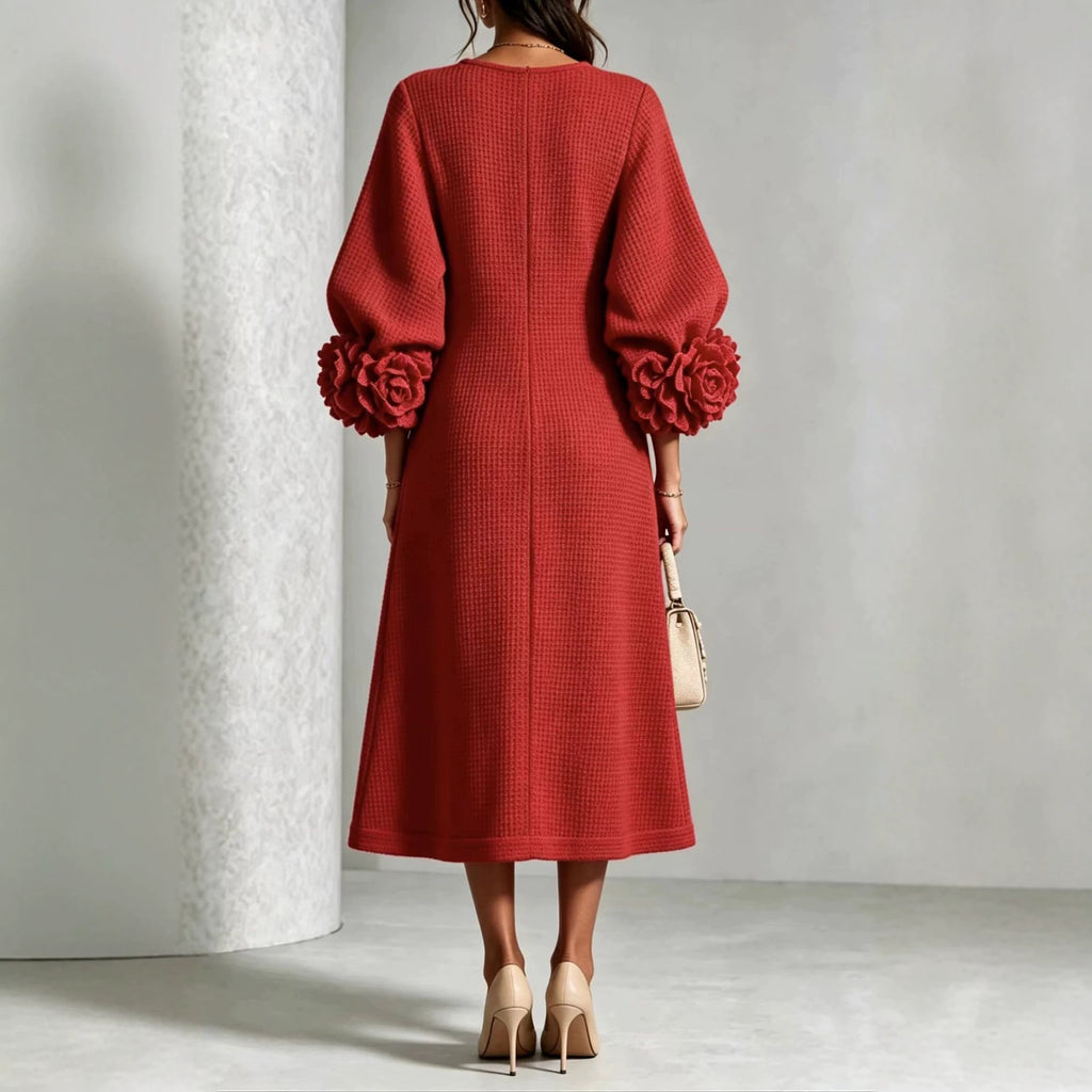 French-style Three-dimensional Floral Lantern-sleeve Cotton-linen Dress