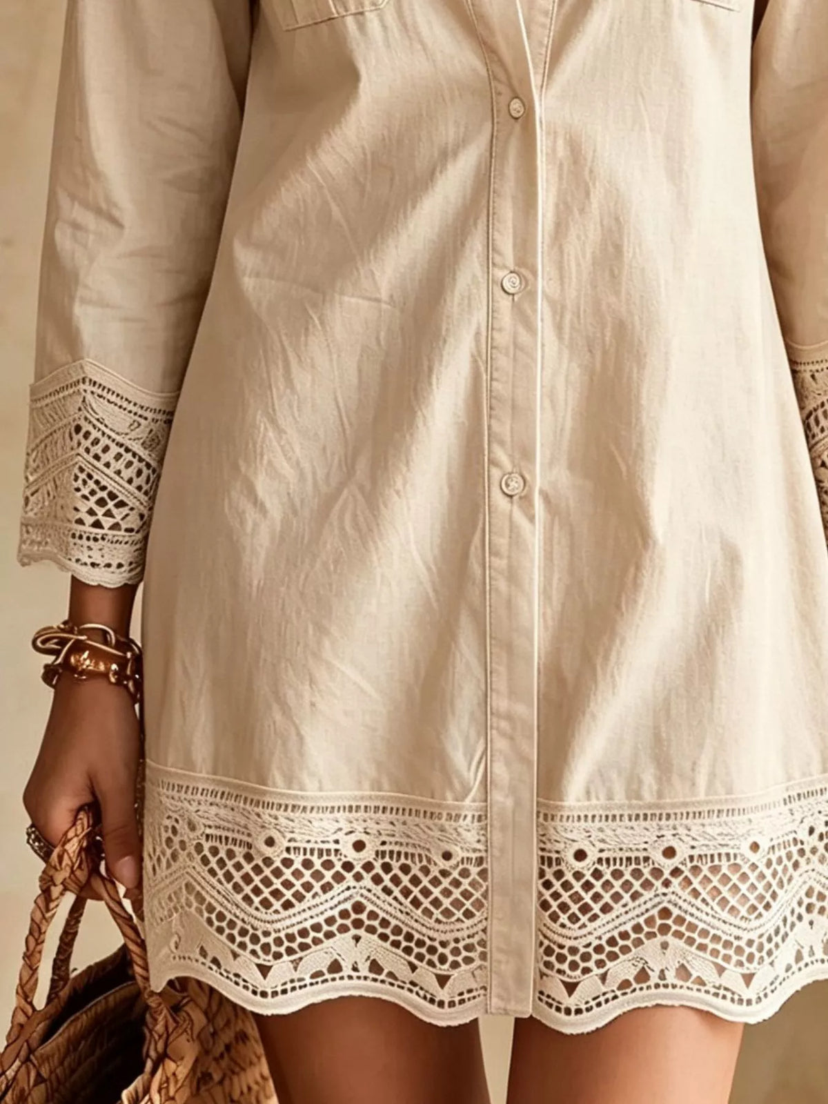 Women's Button-Down Shirt Dress with Lace Trim