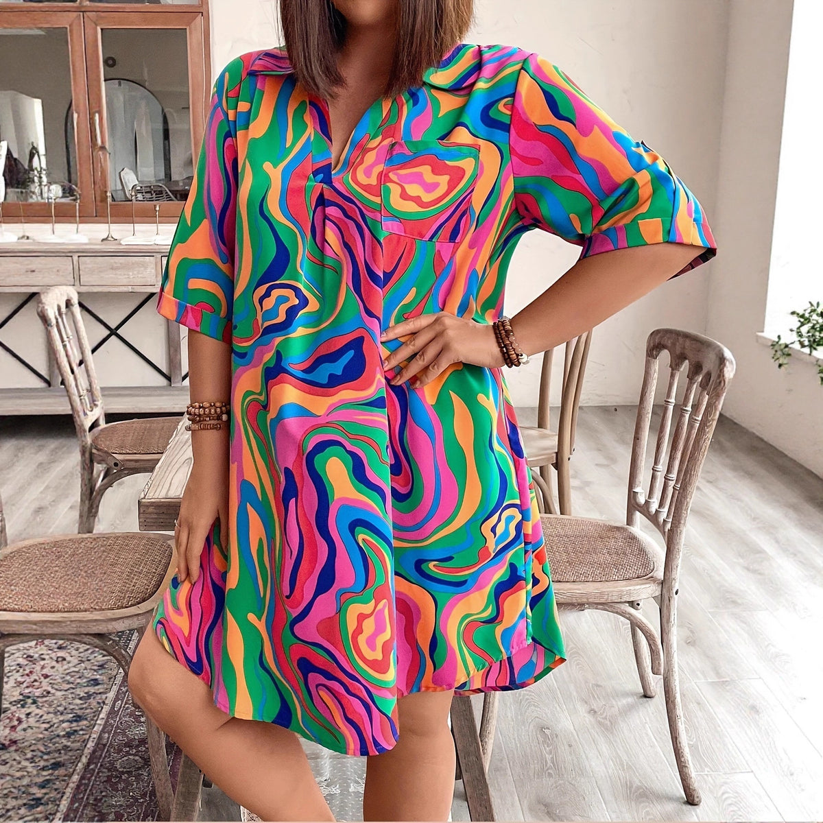 V-neck Loose-fit Tie-dye Knee-length Womens Dress