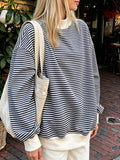Women's Oversized Striped Crew Neck Sweatshirt - Navy Blue