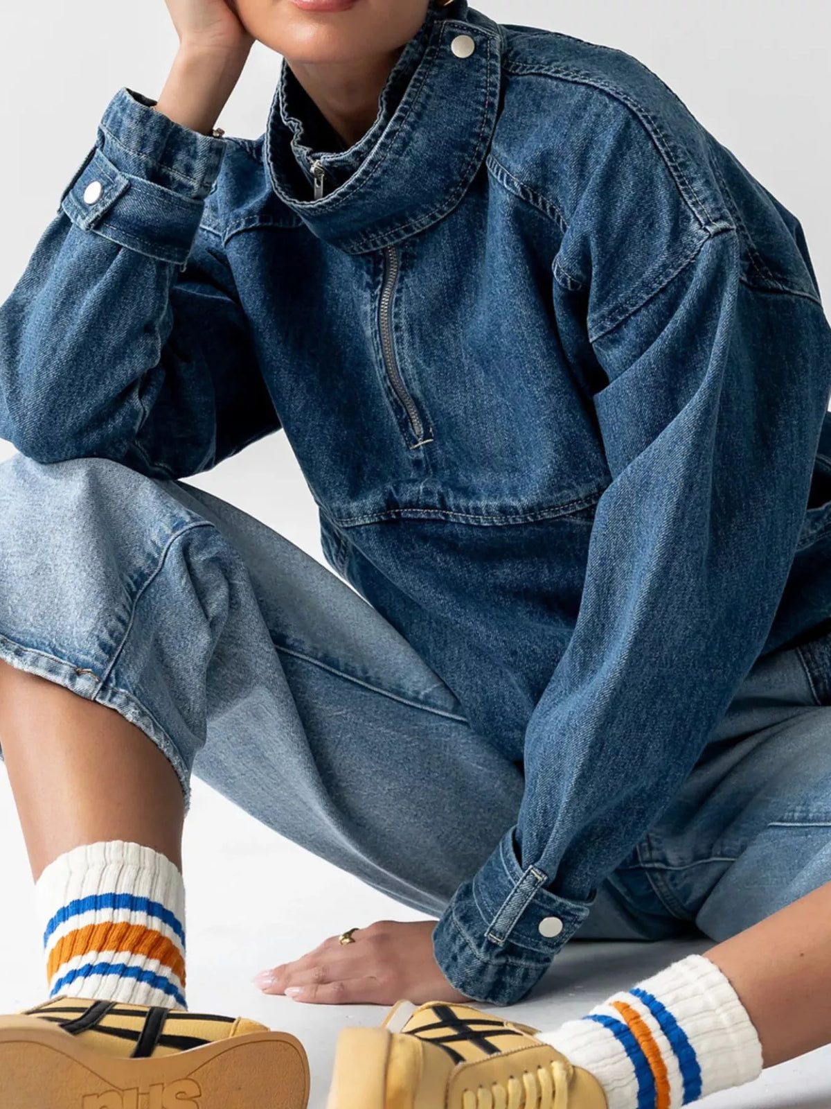 Women's Blue Half-Zip Turtleneck Denim Top - Blue