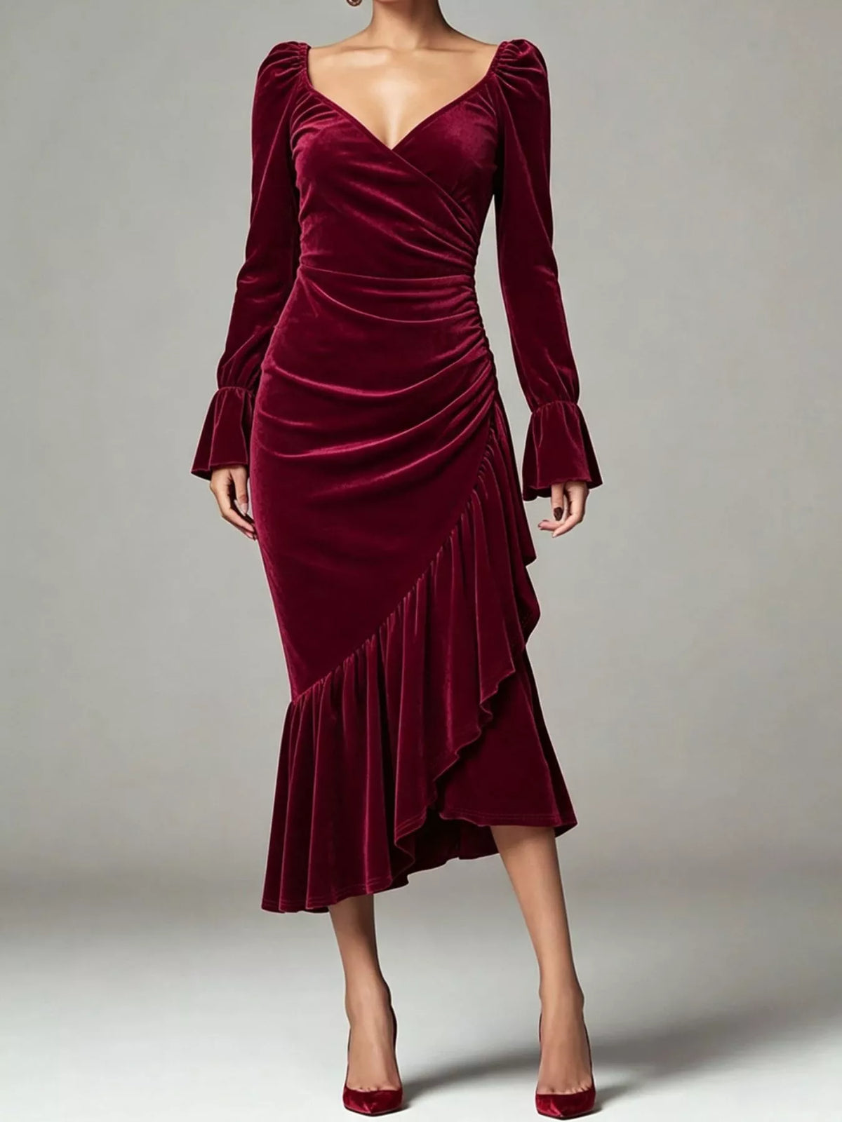 Women's Burgundy Velvet Ruched Ruffle Hem Midi Dress - Burgundy