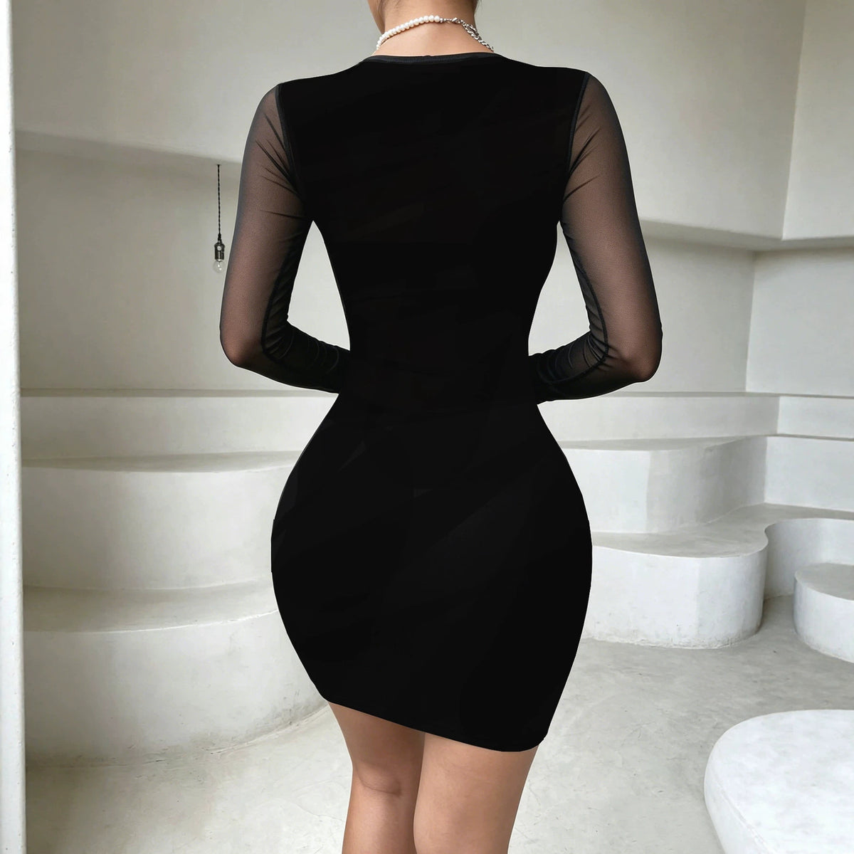 Women's Mesh-panel Long-sleeve Bodycon Dress