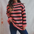 Women's Striped Round Neck Long Sleeve Sweater - Deep Rose