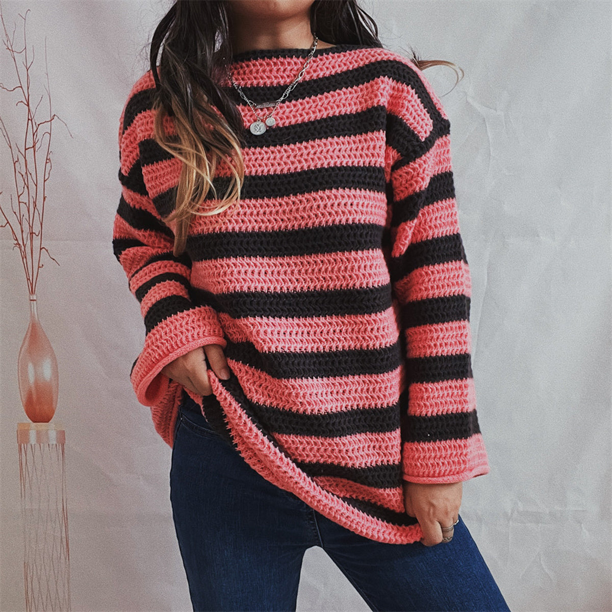 Women's Striped Round Neck Long Sleeve Sweater - Deep Rose