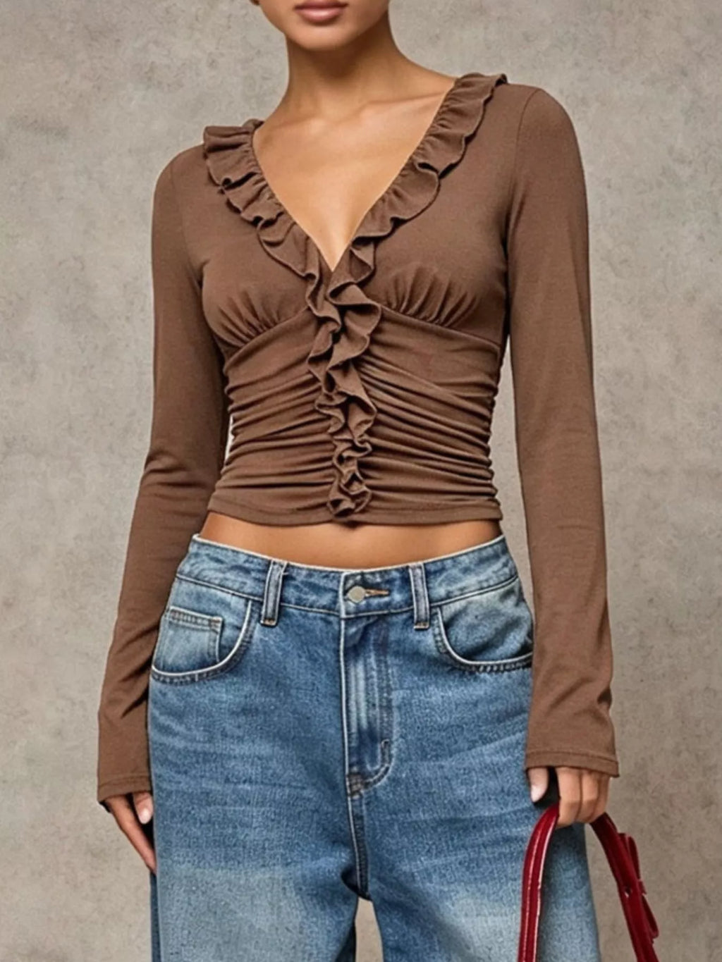 Women's Coffee Brown V-Neck Ruffle Trim Ruched Long Sleeve Slim Fit Top - Coffee Brown