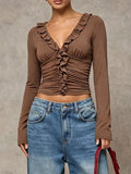 Women's Coffee Brown V-Neck Ruffle Trim Ruched Long Sleeve Slim Fit Top - Coffee Brown