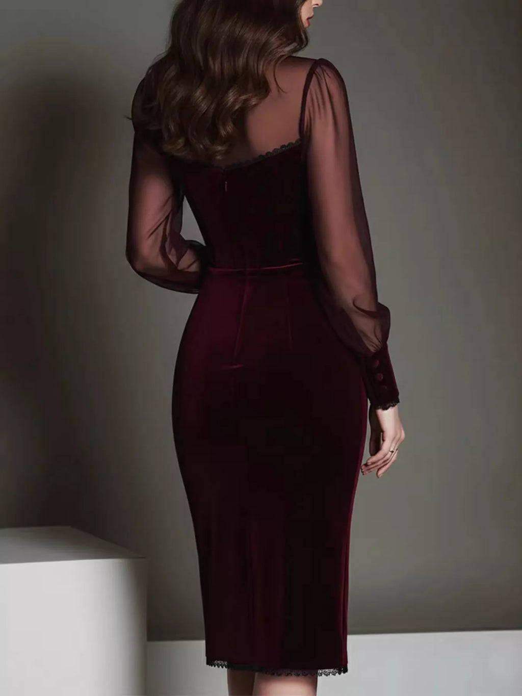 Women's Burgundy Velvet Bodycon Dress with Sheer Mesh Sleeves - Burgundy