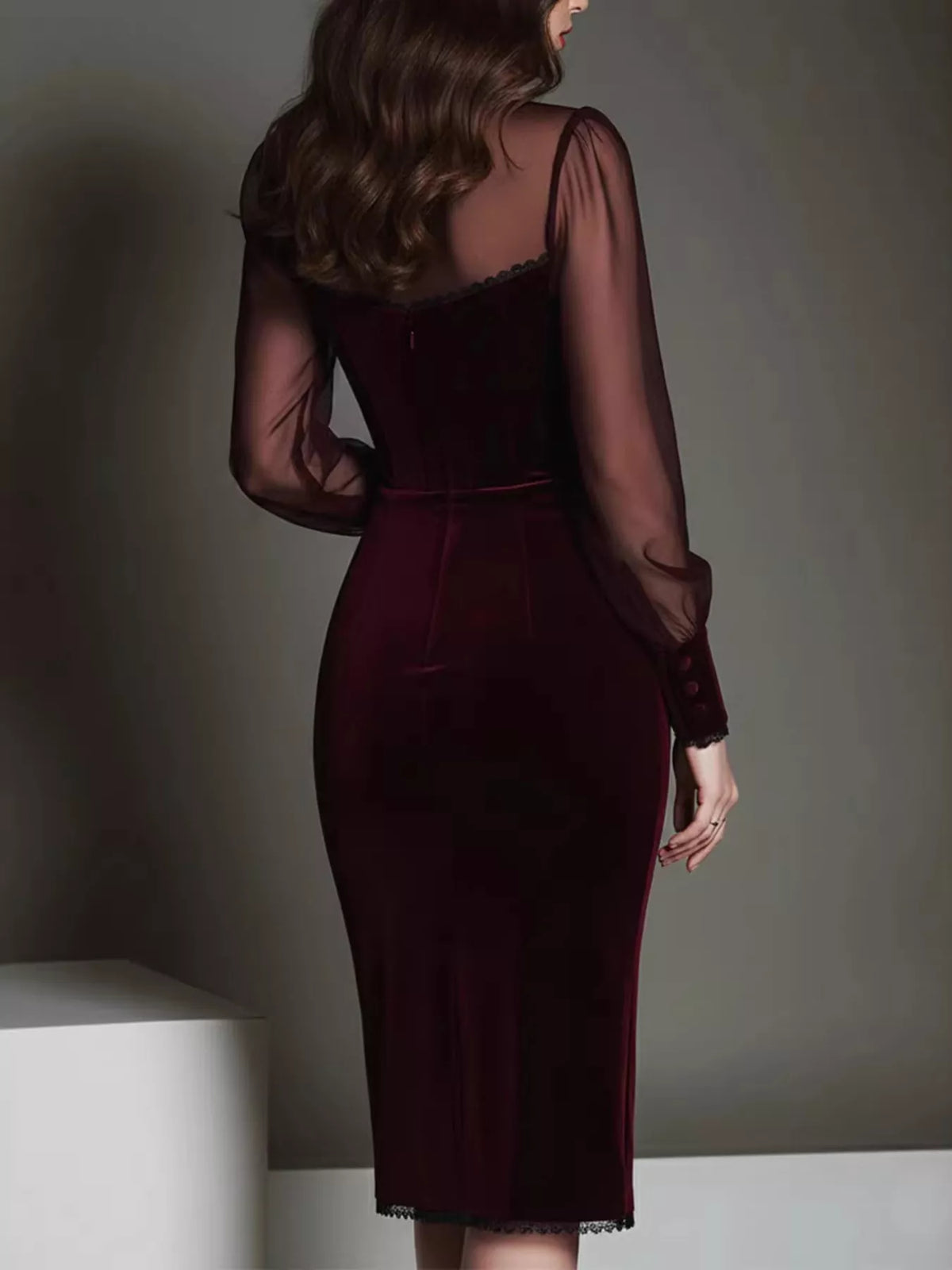 Women's Burgundy Velvet Bodycon Dress with Sheer Mesh Sleeves - Burgundy